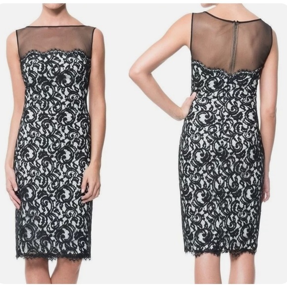Tadashi Shoji Navy Blue and White Lace Illusion Sleeveless Cocktail Dress Size 6 - Picture 1 of 14